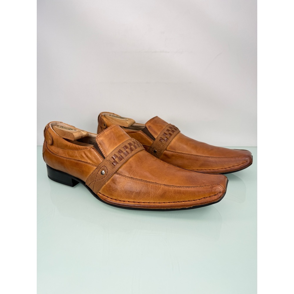 Rare Stacy Adams Loafers 10.5 Tan Leather Woven Strap Square Toe Dress Preppy - Picture 2 of 11